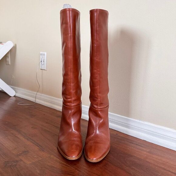 Zara Knee High Mid Height Brown Leather Heeled Boots - Picture 2 of 9